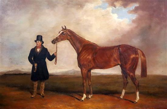 Mid 19th century School Racehorse and groom in a landscape 19.25 x 29.5in.